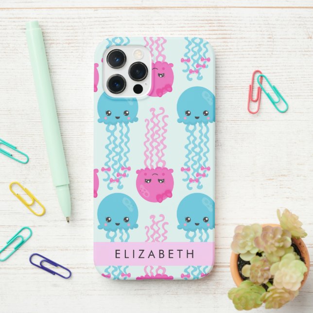 Jellyfish Pattern, Cute Jellyfish, Sea, Your Name iPhone Case (On Desk)