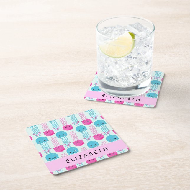 Jellyfish Pattern, Cute Jellyfish, Sea, Your Name Square Paper Coaster (Insitu)