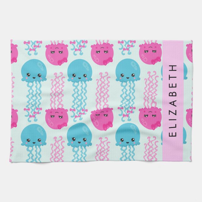 Jellyfish Pattern, Cute Jellyfish, Sea, Your Name Tea Towel (Horizontal)