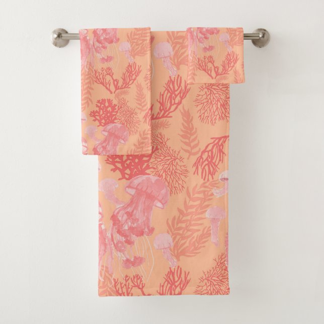 Jellyfish Peach Fuzz Bath Towel Set (Insitu)
