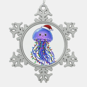 Jellyfish Santa Hat Christmas Lights Merry Jellyma Snowflake Pewter Christmas Ornament