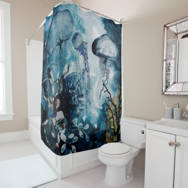 Jellyfish, sea grass with golden accents shower curtain (In Situ)
