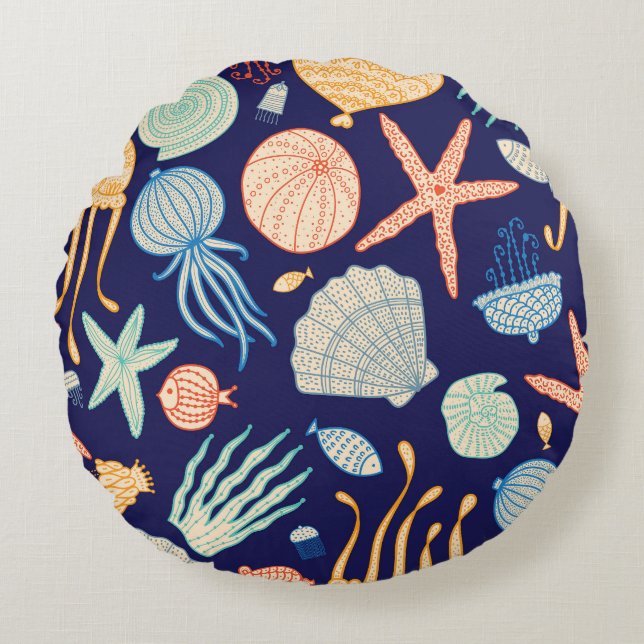 Jellyfish Shells Fish Algae Pattern Round Cushion (Front)
