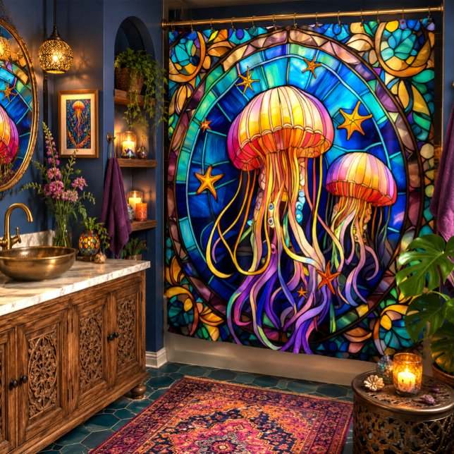 Jellyfish stained glass style art shower curtain (Creator Uploaded)