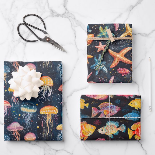 Jellyfish, Star & Various Fish Species Sea Theme Wrapping Paper Sheet (Front)