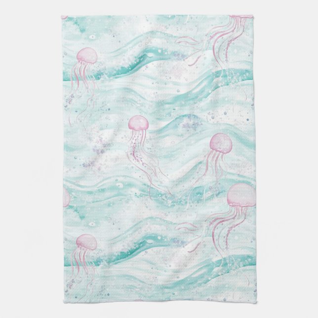 Jellyfish Underwater Adventure Pattern Tea Towel (Vertical)