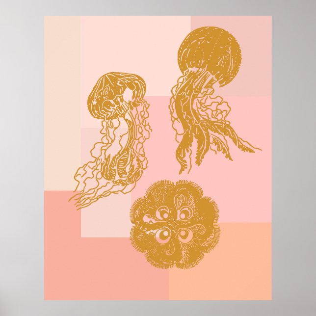 Jellyfish Vintage Ocean Illustration Pink and Gold Poster (Front)