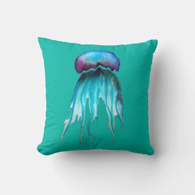 Jellyfish watercolor colourful modern aquatic cushion (Front)