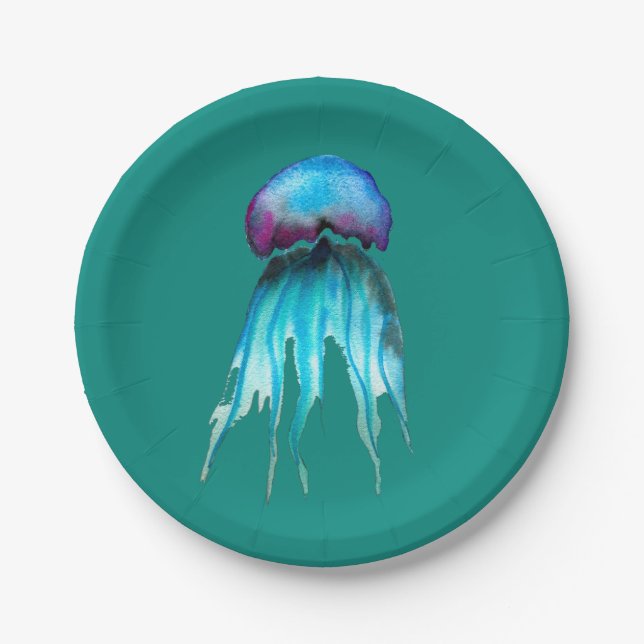 Jellyfish watercolor colourful modern aquatic paper plate (Front)