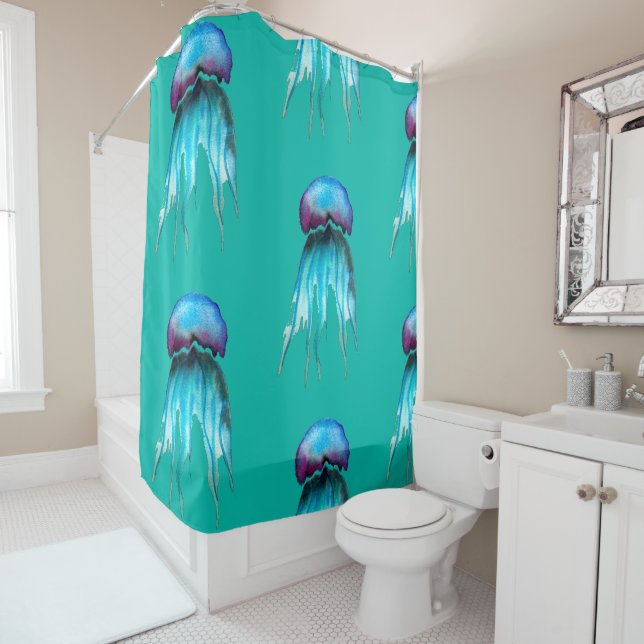 Jellyfish watercolor colourful modern aquatic shower curtain (In Situ)