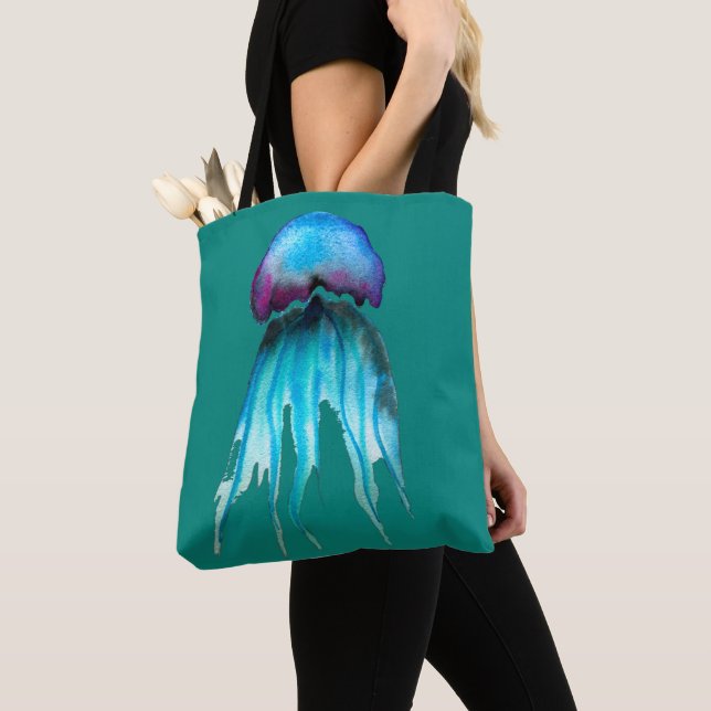 Jellyfish watercolor colourful modern aquatic tote bag (Close Up)