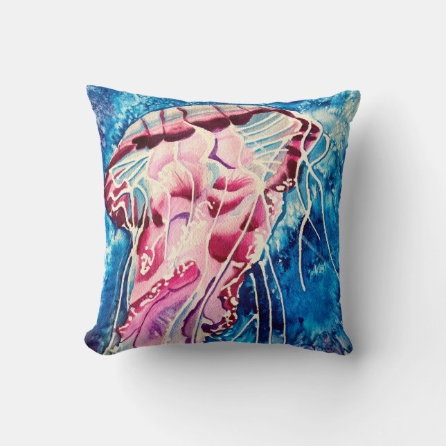 Jellyfish watercolor ocean art cushion (Front)