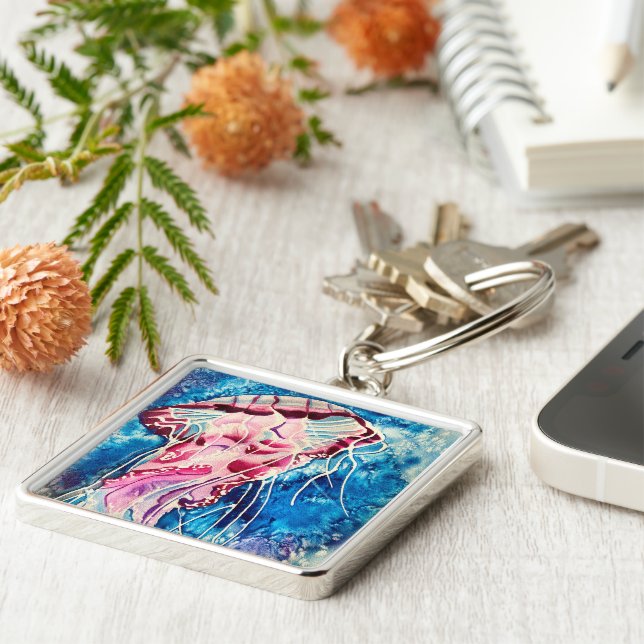Jellyfish watercolor ocean art key ring (Side)