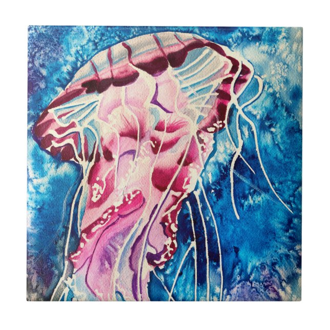 Jellyfish watercolor ocean art tile (Front)