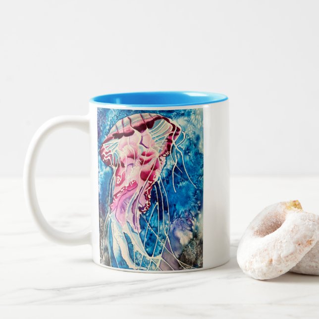 Jellyfish watercolor ocean art Two-Tone coffee mug (With Donut)
