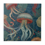 Jellyfish William Morris style Sea Ocean Animals Tile<br><div class="desc">"classy classic art nouveau",  "green underwater jellyfish tentacles",  "hawaiian ocean marine animals",  "william morris ceramic tile",  "blue aquatic water life",  "seaside dark navy red",  "vintage jelly fish life",  "nautical wildlife wild animal",  "hawaii stinging creature",  "traditional beach coast antique"</div>