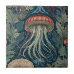Jellyfish William Morris style Sea Ocean Life Tile<br><div class="desc">"classy classic art nouveau",  "green underwater jellyfish tentacles",  "hawaiian ocean marine animals",  "william morris ceramic tile",  "blue aquatic water life",  "leafy seaside dark navy red",  "vintage leaves seaweed life",  "nautical wildlife wild animal",  "hawaii floral flower botanical",  "traditional beach coast antique"</div>