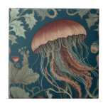 Jellyfish William Morris style Sea Ocean Marine Tile<br><div class="desc">"classy classic art nouveau",  "green underwater jellyfish tentacles",  "hawaiian ocean marine animals",  "william morris ceramic tile",  "blue aquatic water life",  "leafy seaside dark navy red",  "vintage leaves seaweed life",  "nautical wildlife wild animal",  "hawaii floral flower botanical",  "traditional beach coast antique"</div>