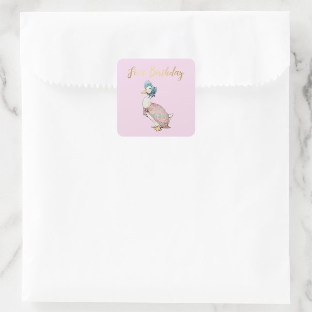 Jemima Puddle Duck "First Birthday" Text   Square Sticker (Bag)