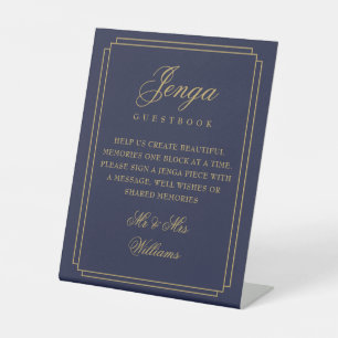 Jenga Guest Book Navy Blue And Gold Art Deco Pedestal Sign