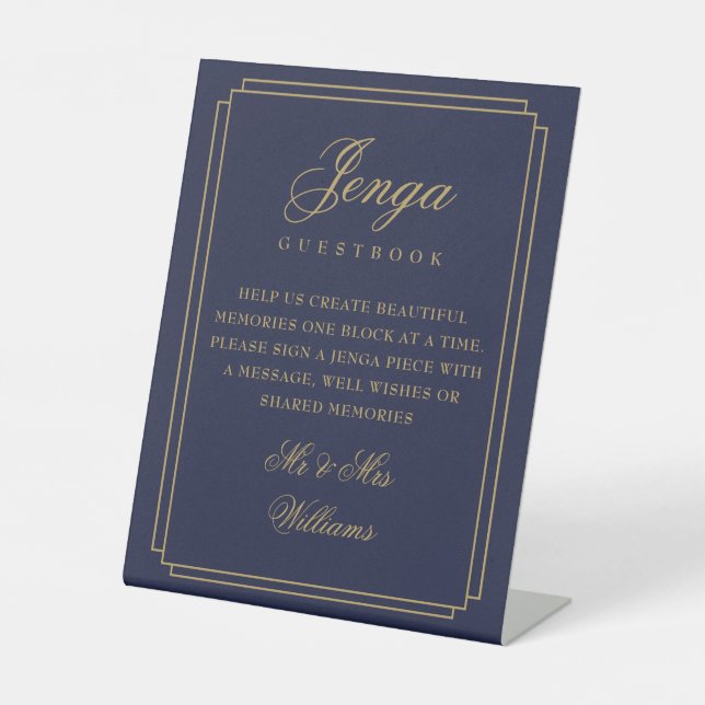 Jenga Guest Book Navy Blue And Gold Art Deco Pedestal Sign (Front)