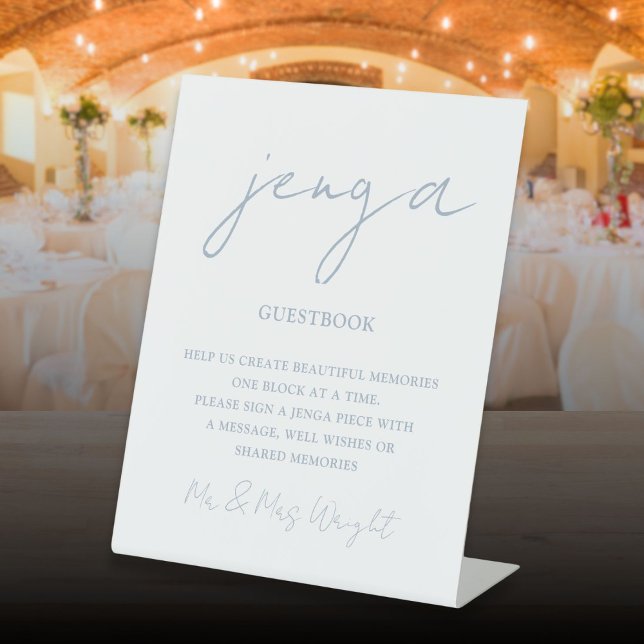 Jenga Guestbook Dusty Blue Minimalist Script Pedestal Sign (Jenga Guestbook Dusty Blue Minimalist Script Pedestal Sign)