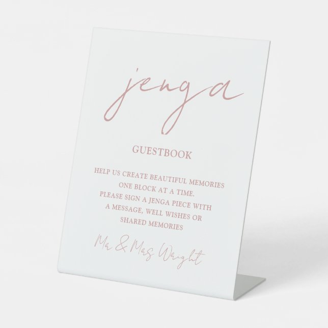 Jenga Guestbook Dusty Rose Minimalist Script Pedestal Sign (Front)