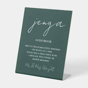 Jenga Guestbook Emerald Green Minimalist Script Pedestal Sign