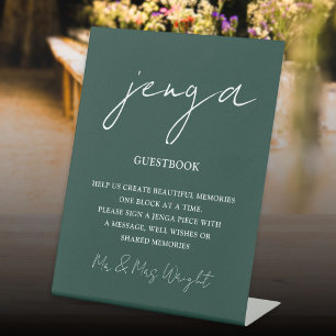 Jenga Guestbook Emerald Green Minimalist Script Pedestal Sign