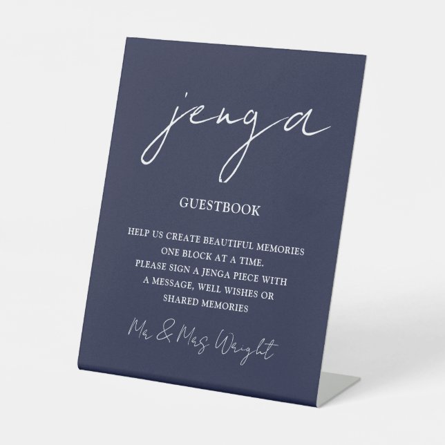 Jenga Guestbook Navy Blue Minimalist Script Pedestal Sign (Front)
