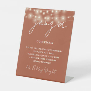 Jenga Guestbook Terracotta String Lights Pedestal Sign