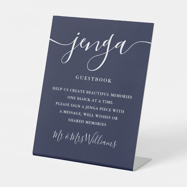 Jenga Wedding Guestbook Elegant Script Navy Blue Pedestal Sign (Front)