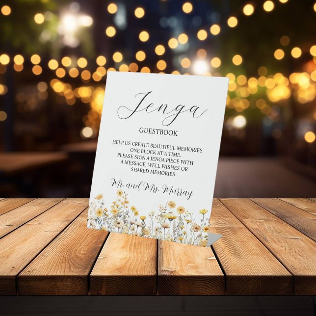 Jenga Wedding Guestbook Elegant Wildflowers Pedestal Sign (Creator Uploaded)
