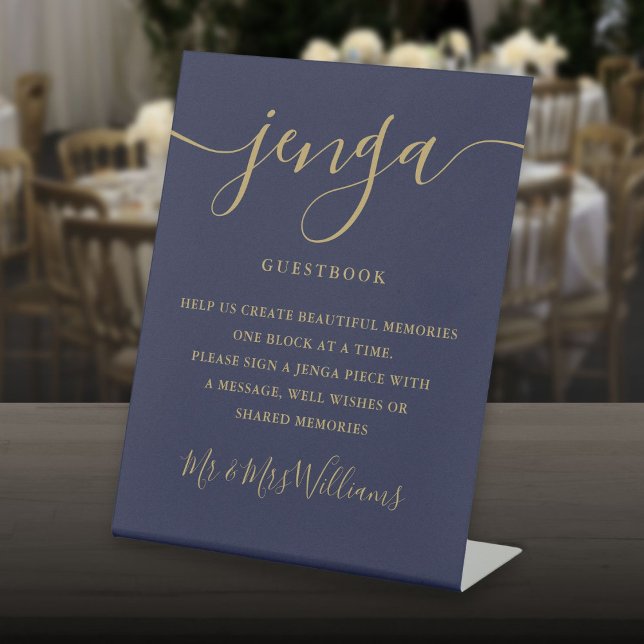 Jenga Wedding Guestbook Script Navy Blue And Gold Pedestal Sign (Jenga Wedding Guestbook Script Navy Blue And Gold Pedestal Sign)