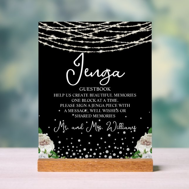 Jenga Wedding Guestbook String Lights Black Acrylic Sign (Neutral)