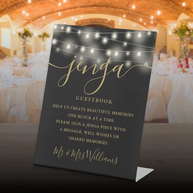 Jenga Wedding Guestbook String Lights Black Gold Pedestal Sign (Jenga Wedding Guestbook String Lights Black Gold Pedestal Sign)