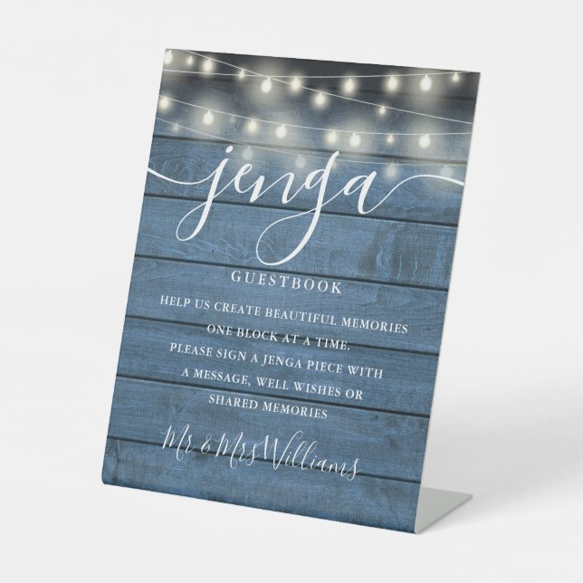 Jenga Wedding Guestbook String Lights Blue Wood Pedestal Sign (Front)