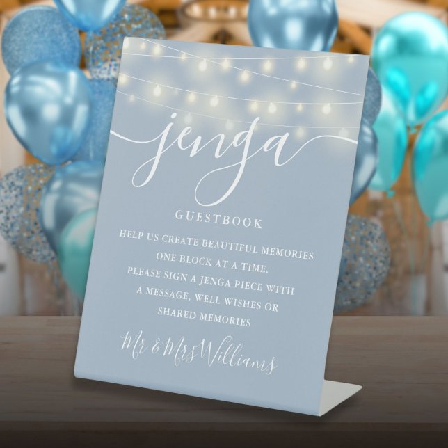 Jenga Wedding Guestbook String Lights Dusty Blue Pedestal Sign (Jenga Wedding Guestbook String Lights Dusty Blue Pedestal Sign)