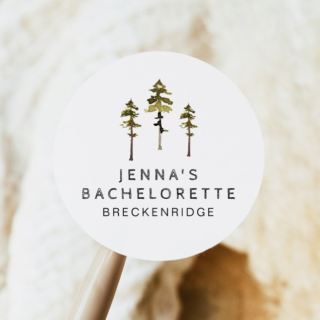 JENNA Pine Tree Camp Mountain Bachelorette Classic Round Sticker (Creator Uploaded)