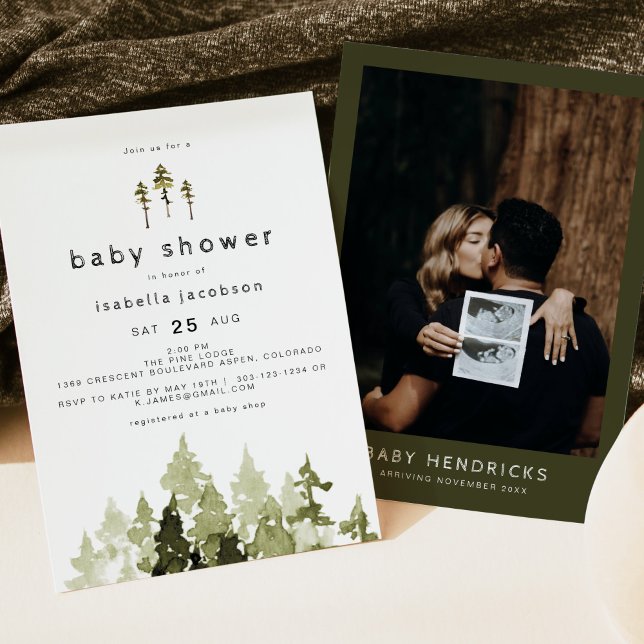 JENNA Rustic Watercolor Pine Tree Baby Shower Invitation (Creator Uploaded)