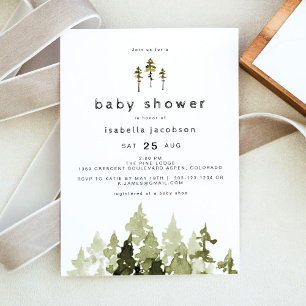 JENNA Rustic Watercolor Pine Tree Baby Shower Invitation