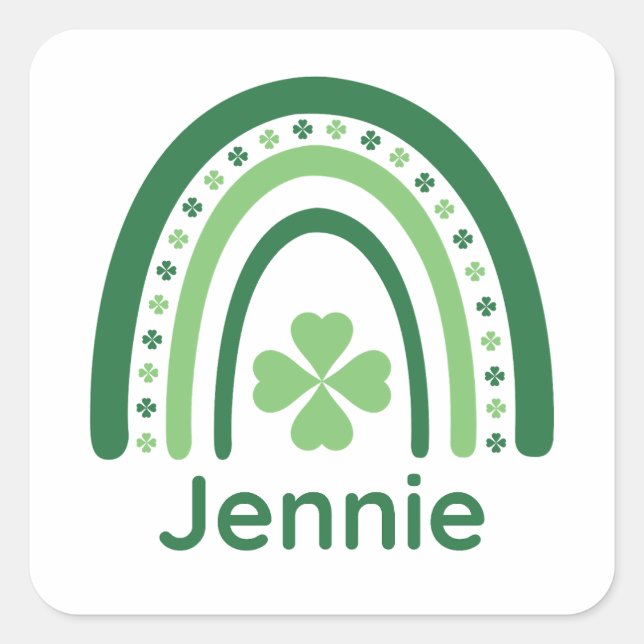 Jennie Name Clover Boho Rainbow Square Sticker (Front)