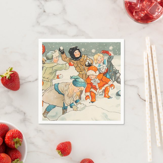 Jenny Nystrom, Children playing in snow, Christmas Napkin (Insitu)