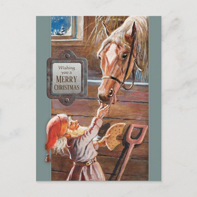 Jenny Nyström Christmas Tomte Brownie horse stable Holiday Postcard (Front)