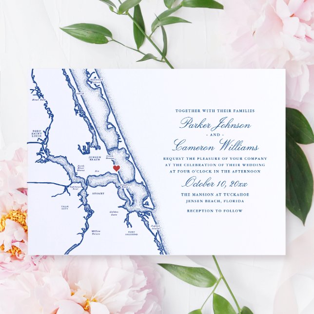 Jensen Beach FL Map Elegant Navy Blue Wedding Invitation (Jensen Beach FL Map wedding invitation for an elegant navy blue Mansion wedding. Coastal Map Designs)