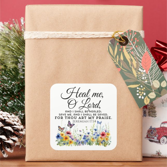 Jeremiah 17:14 Healing Bible Verse Wildflowers Square Sticker (Holiday)