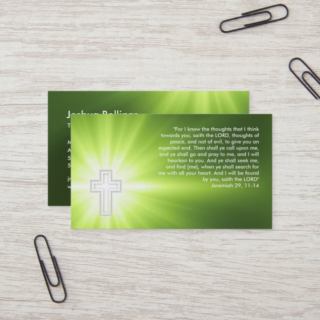 Jeremiah 29; 11-14 - Religious Cross - Green Business Card (Front/Back In Situ)