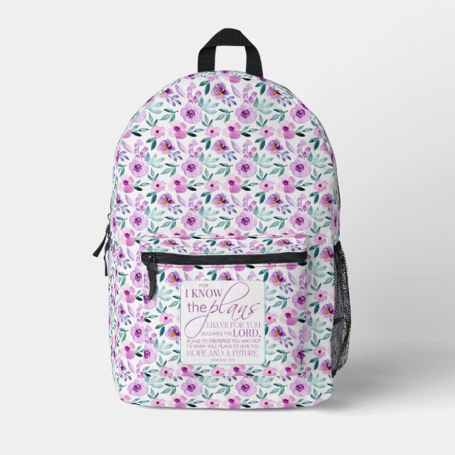 Jeremiah 29:11 Bible Purple Flowers Background Printed Backpack (Front)