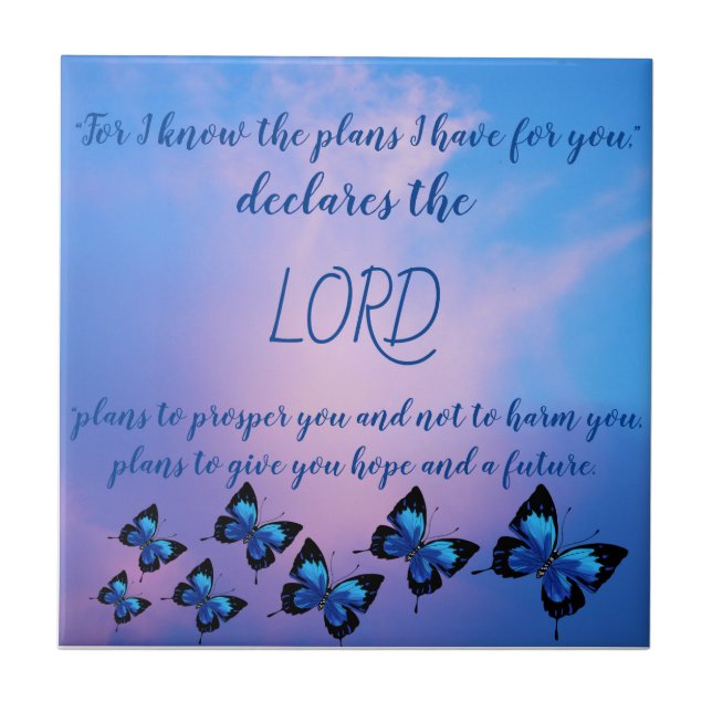 Jeremiah 29:11 Blue Butterflies Ceramic Tile (Front)