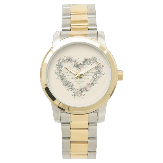 Jeremiah 29:11 Floral Heart Gold and Silver Tone Watch (Front)